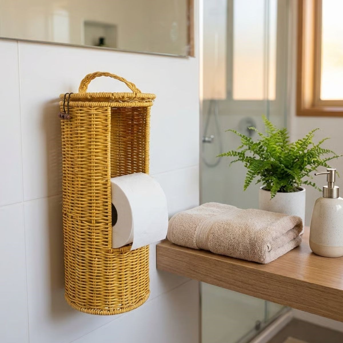 Hanging Plastic Rattan Toilet Paper Stand – Woven Look, Lidded, Storage WC Holder (5563) #4
