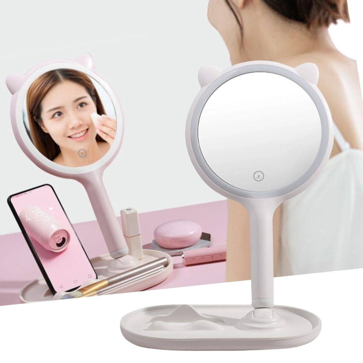 Kedi Kulaklı Telefon Standlı Yuvarlak Dokunmatik Led Ayarlı Masa Üstü Makyaj Aynası (5563)