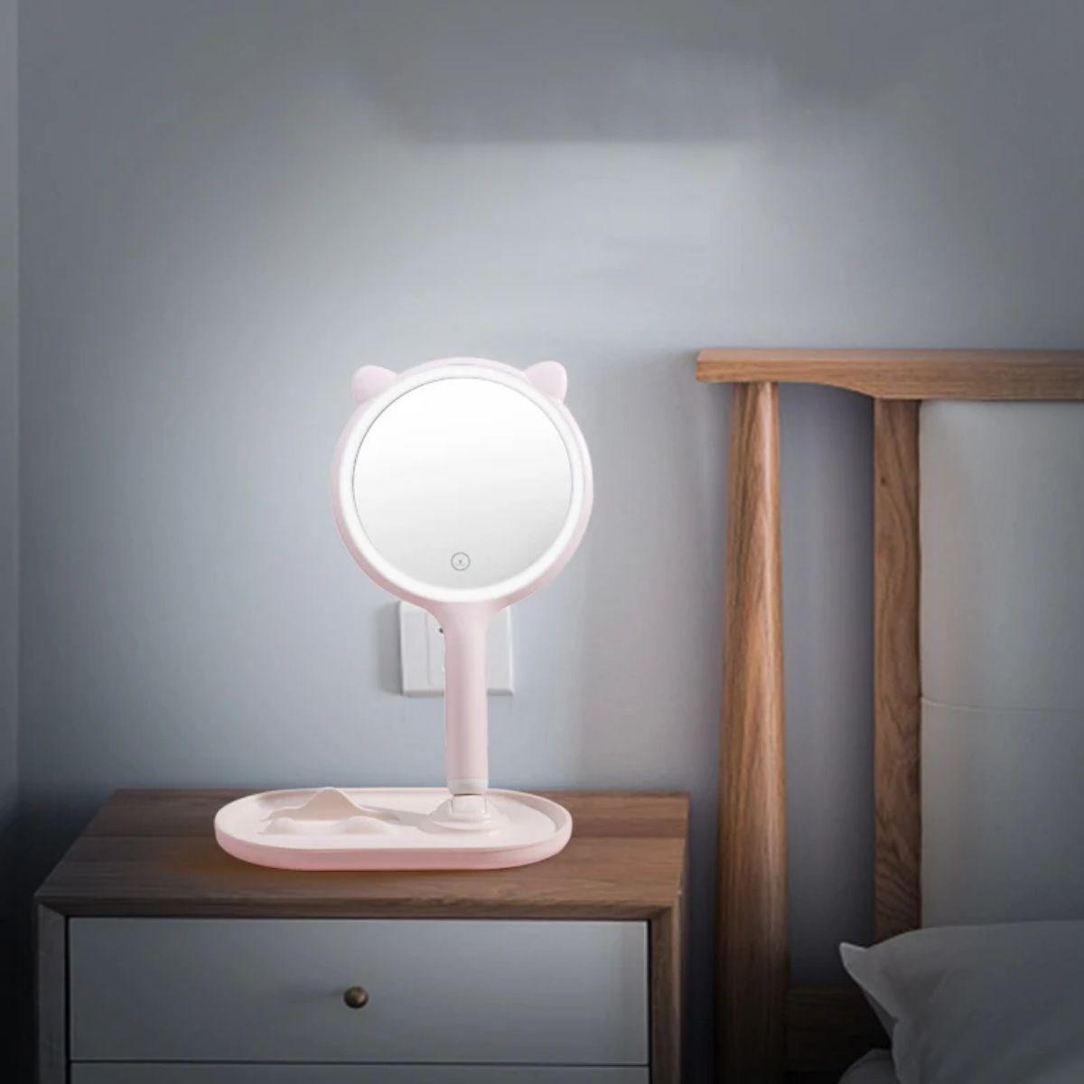 Kedi Kulaklı Telefon Standlı Yuvarlak Dokunmatik Led Ayarlı Masa Üstü Makyaj Aynası (5563) #2