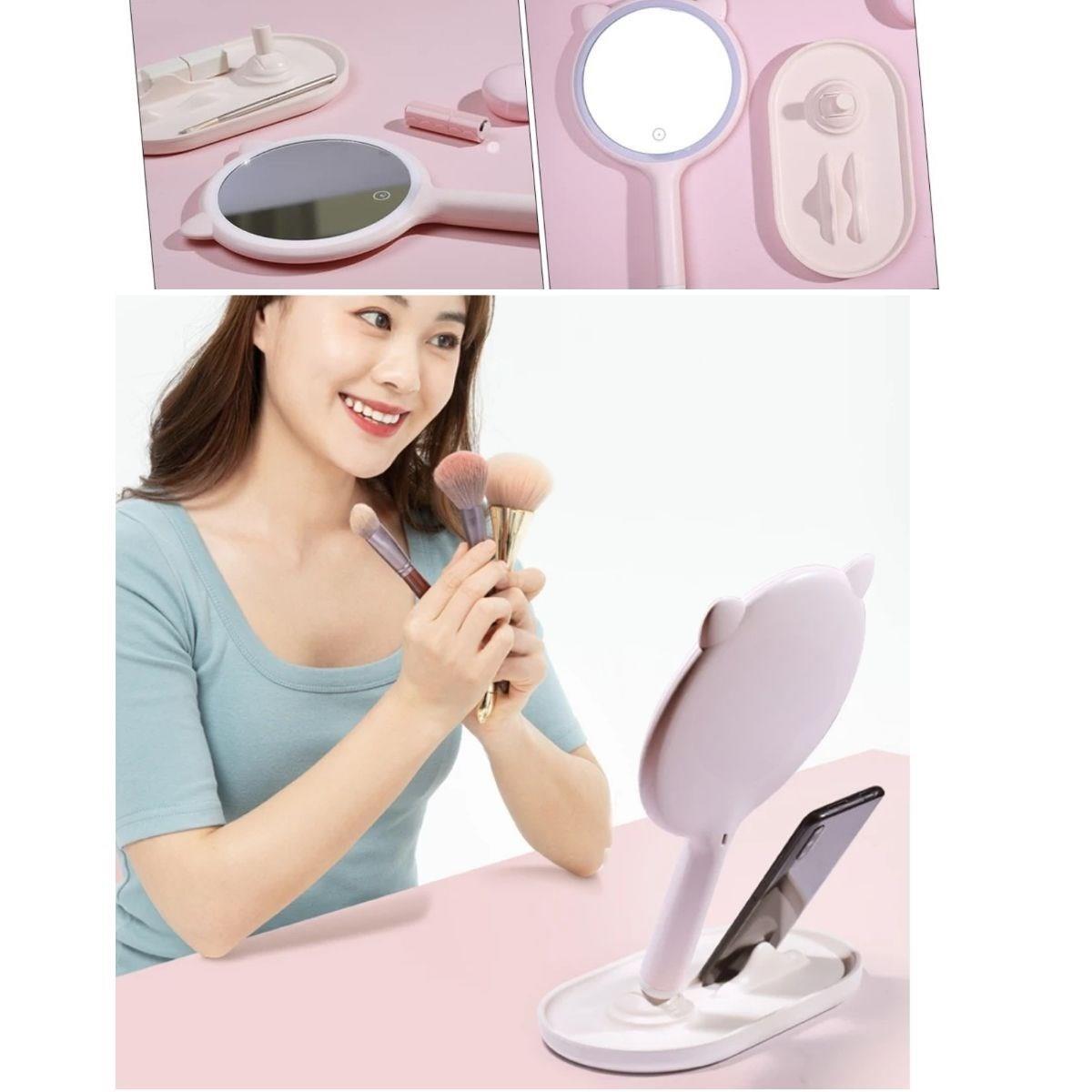 Kedi Kulaklı Telefon Standlı Yuvarlak Dokunmatik Led Ayarlı Masa Üstü Makyaj Aynası (5563) #4