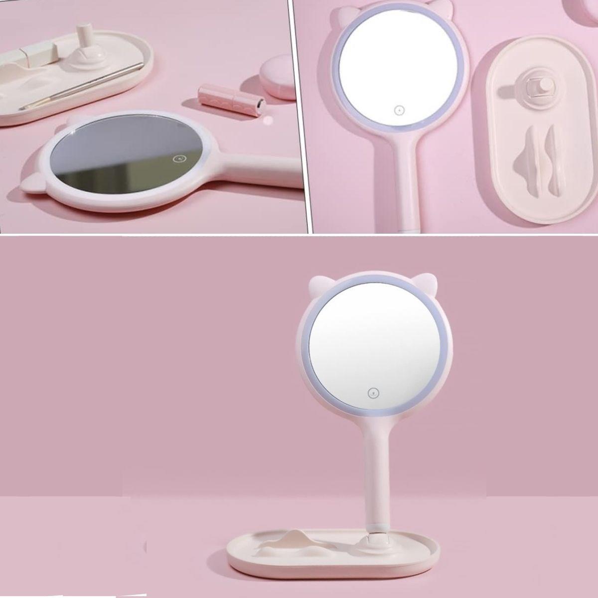 Kedi Kulaklı Telefon Standlı Yuvarlak Dokunmatik Led Ayarlı Masa Üstü Makyaj Aynası (5563) #5