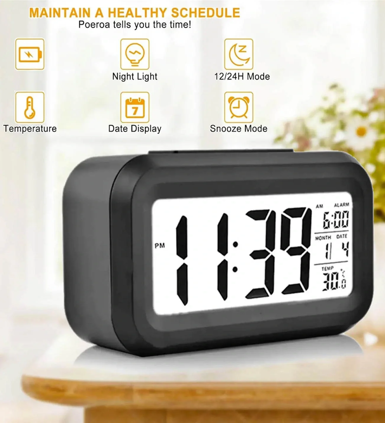 Digital Desk Clock Calendar Thermometer White Black (5563)