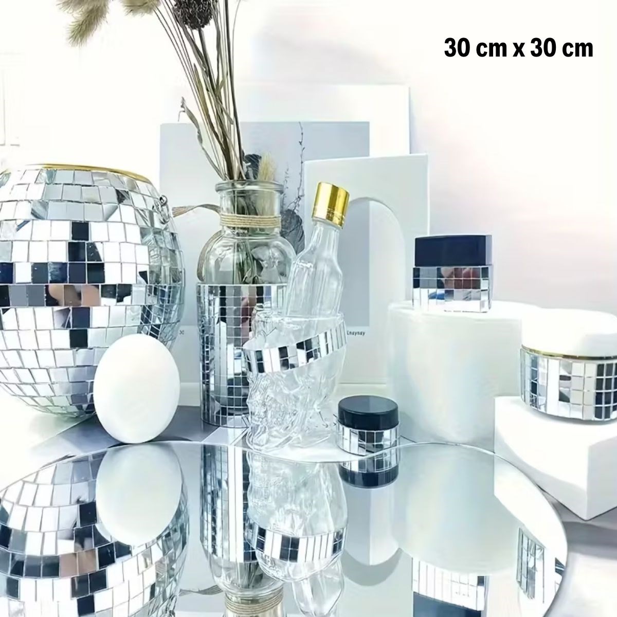 Square Silver Glass Mosaic Tile Stickers Handcrafted Self-Adhesive Mirror Decor Panel 30x30 cm (5563) #3