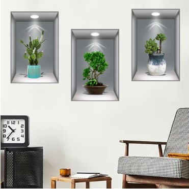 3D Flower Vase Wall Sticker 3-Piece Set GREY (5563)