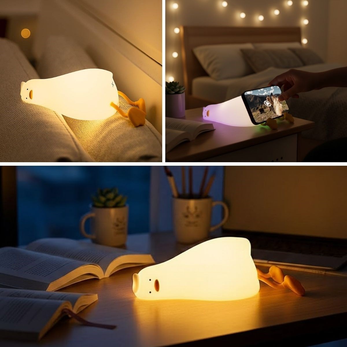 5 Farklı Renk Modlu Tembel Ördek Figürlü Pofuduk LED Gece Lambası–Yumuşak Dokulu Çocuk Odası ve Dekoratif Şarjlı Ortam Işığı (5563) #3