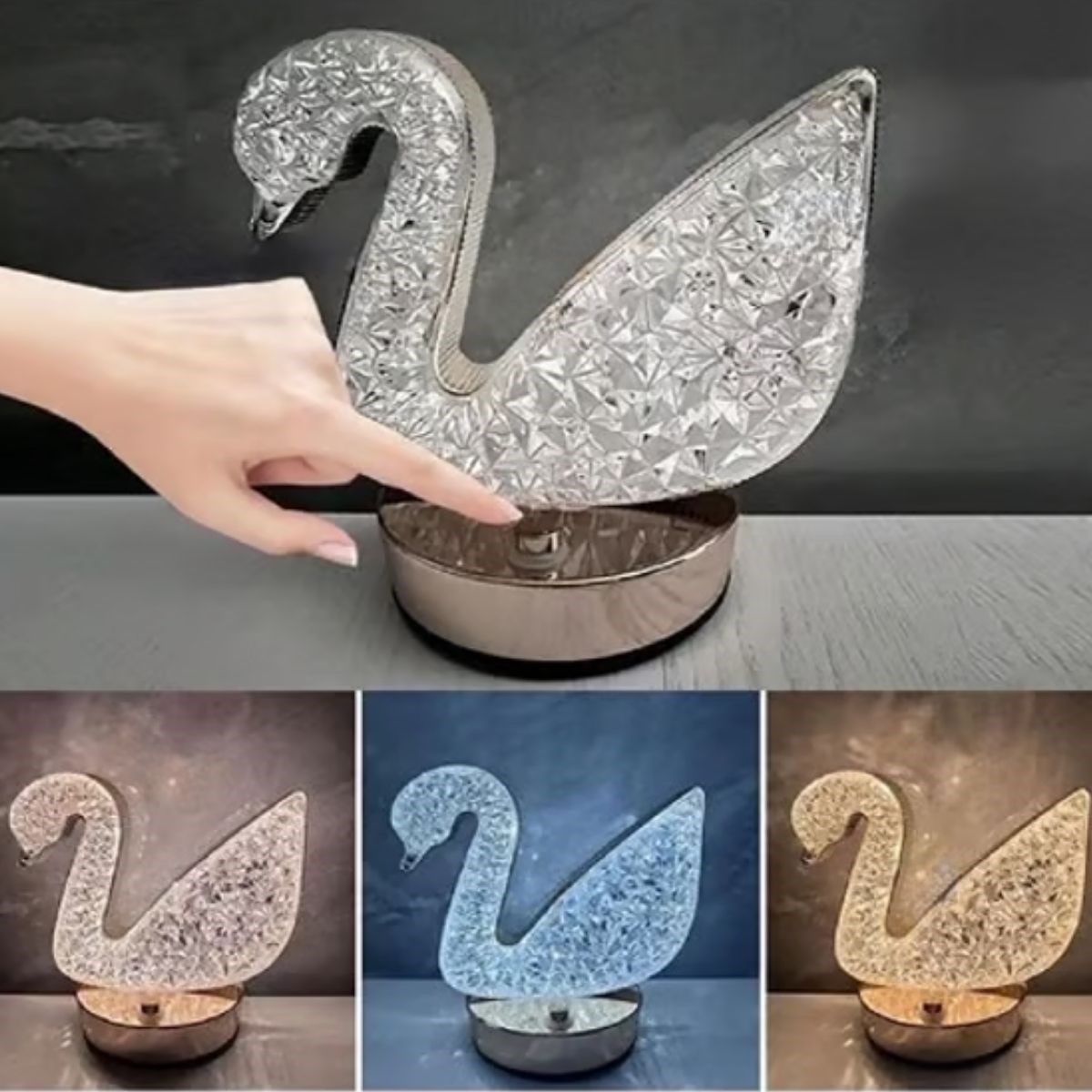 Kuğu Model Kristal LED Masa Lambası – Dokunmatik, 3 Renk Işık Modlu, Şarjlı Mini Dekoratif Gece Lambası (5563) #3