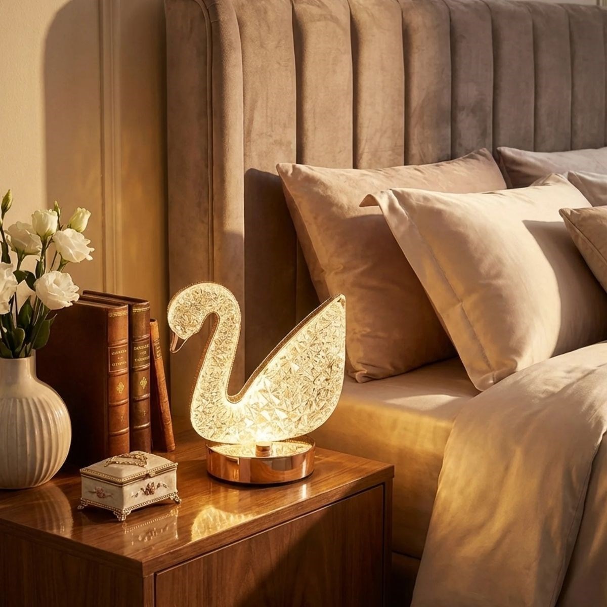 Kuğu Model Kristal LED Masa Lambası – Dokunmatik, 3 Renk Işık Modlu, Şarjlı Mini Dekoratif Gece Lambası (5563) #4