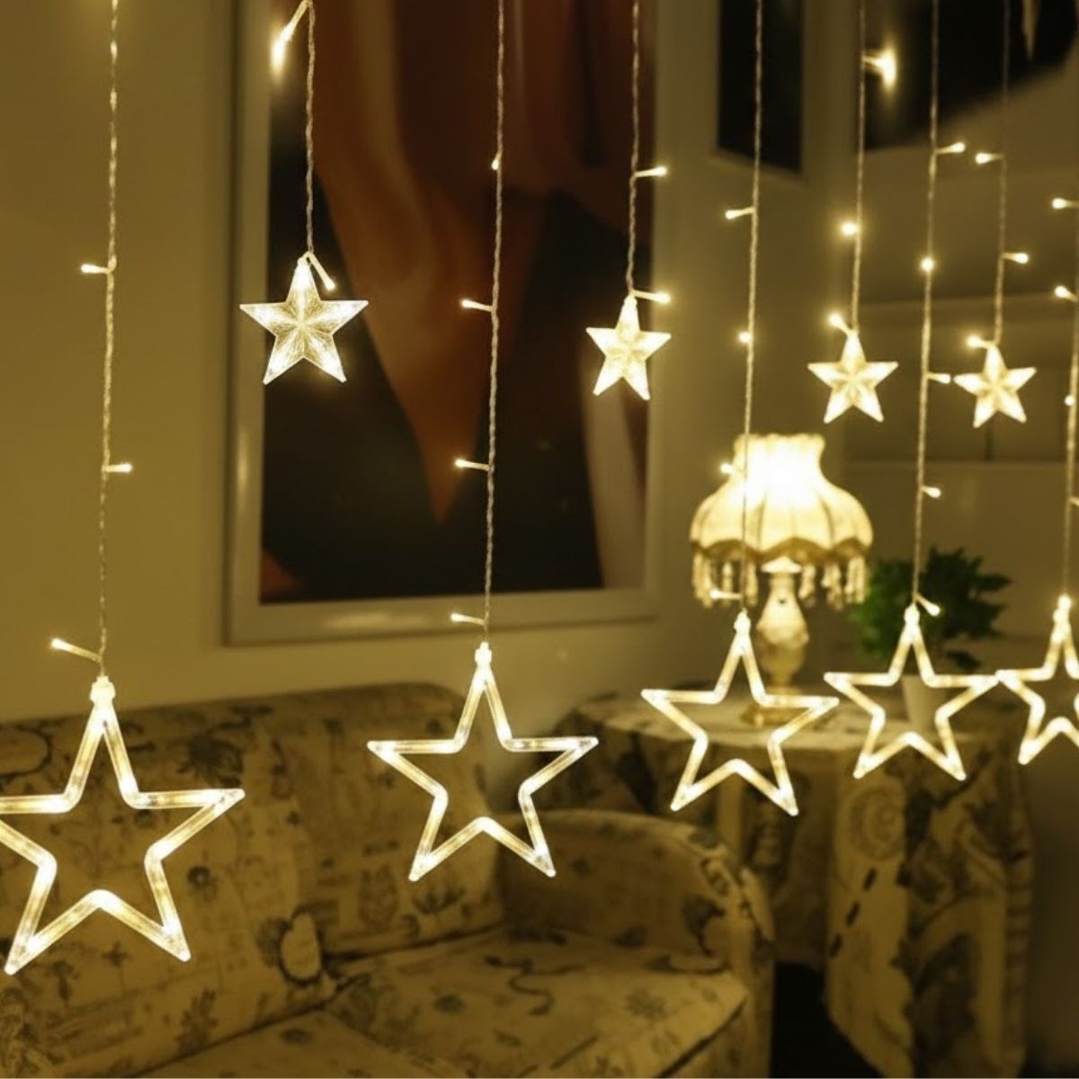 Kumandalı Yıldız Figürlü 12 Sarkıtlı 120 LED Uzaktan Kumandalı Dekor Işık – Masaüstü ve Ortam Aydınlatması (5563) #5