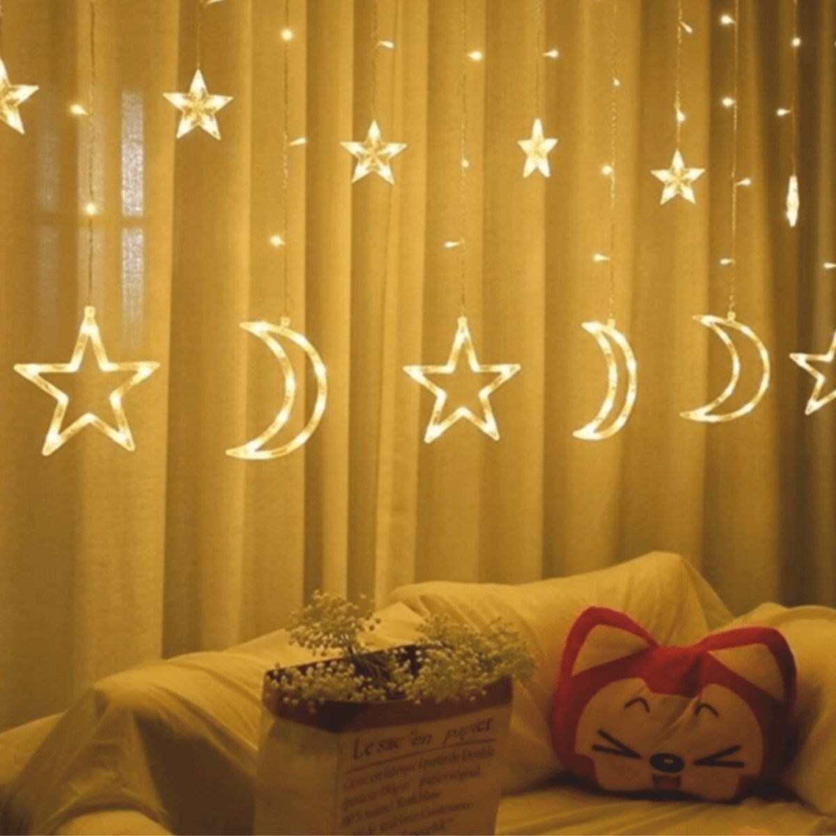 Ay ve Yıldız Figürlü Kumandalı 12 Sarkıtlı 120 LED Dekor Işık – Dekoratif Ortam ve Masaüstü Aydınlatması (5563) #3