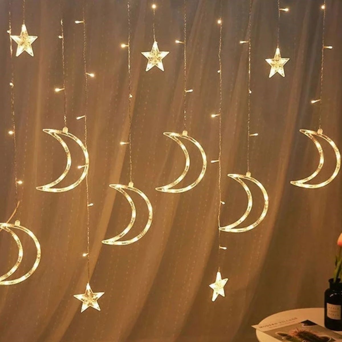 Ay ve Yıldız Figürlü Kumandalı 12 Sarkıtlı 120 LED Dekor Işık – Dekoratif Ortam ve Masaüstü Aydınlatması (5563) #5