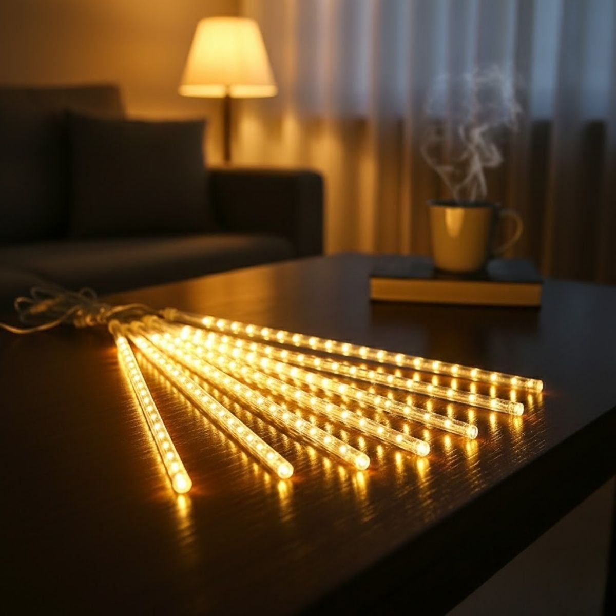 10&amp;apos;lu 45 cm Plastik Meteor LED USB 2M Kablo Sarı Renk Ağaç Işığı – Renk Değiştiren Asmalı Dekoratif Bahçe ve Dış Mekan Aydınlatması (5563) #3