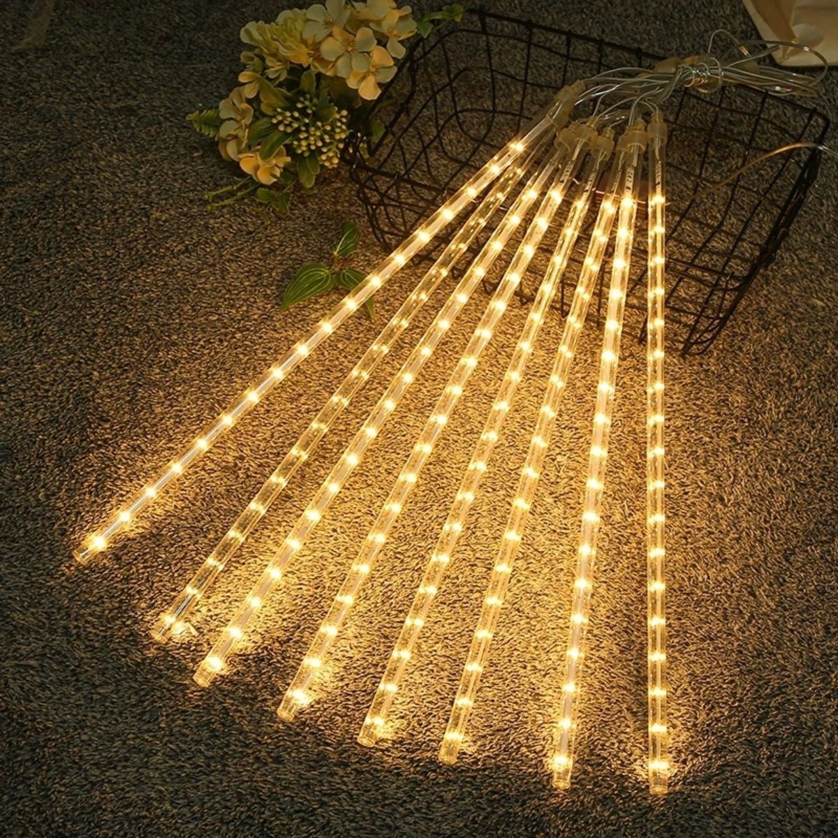 10&amp;apos;lu 45 cm Plastik Meteor LED USB 2M Kablo Sarı Renk Ağaç Işığı – Renk Değiştiren Asmalı Dekoratif Bahçe ve Dış Mekan Aydınlatması (5563) #5