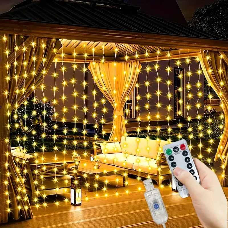 300 LED 10 String Curtain Light - 8 Functions, Remote Contro