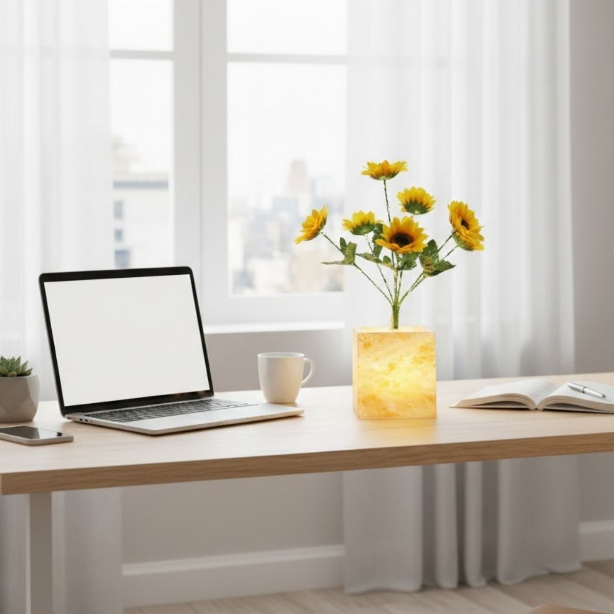 Işıklı Yapay Çiçek – Sarı Saksılı LED Dekoratif Bitki, Masaüstü ve Ev Ofis Aydınlatmalı Süs Bitkisi (5563) #3