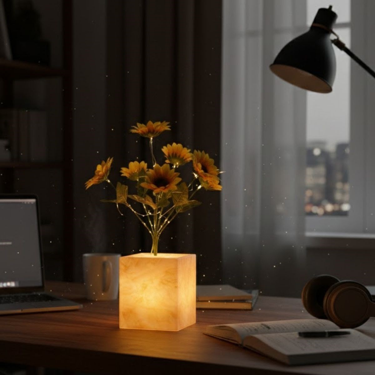 Işıklı Yapay Çiçek – Sarı Saksılı LED Dekoratif Bitki, Masaüstü ve Ev Ofis Aydınlatmalı Süs Bitkisi (5563) #5