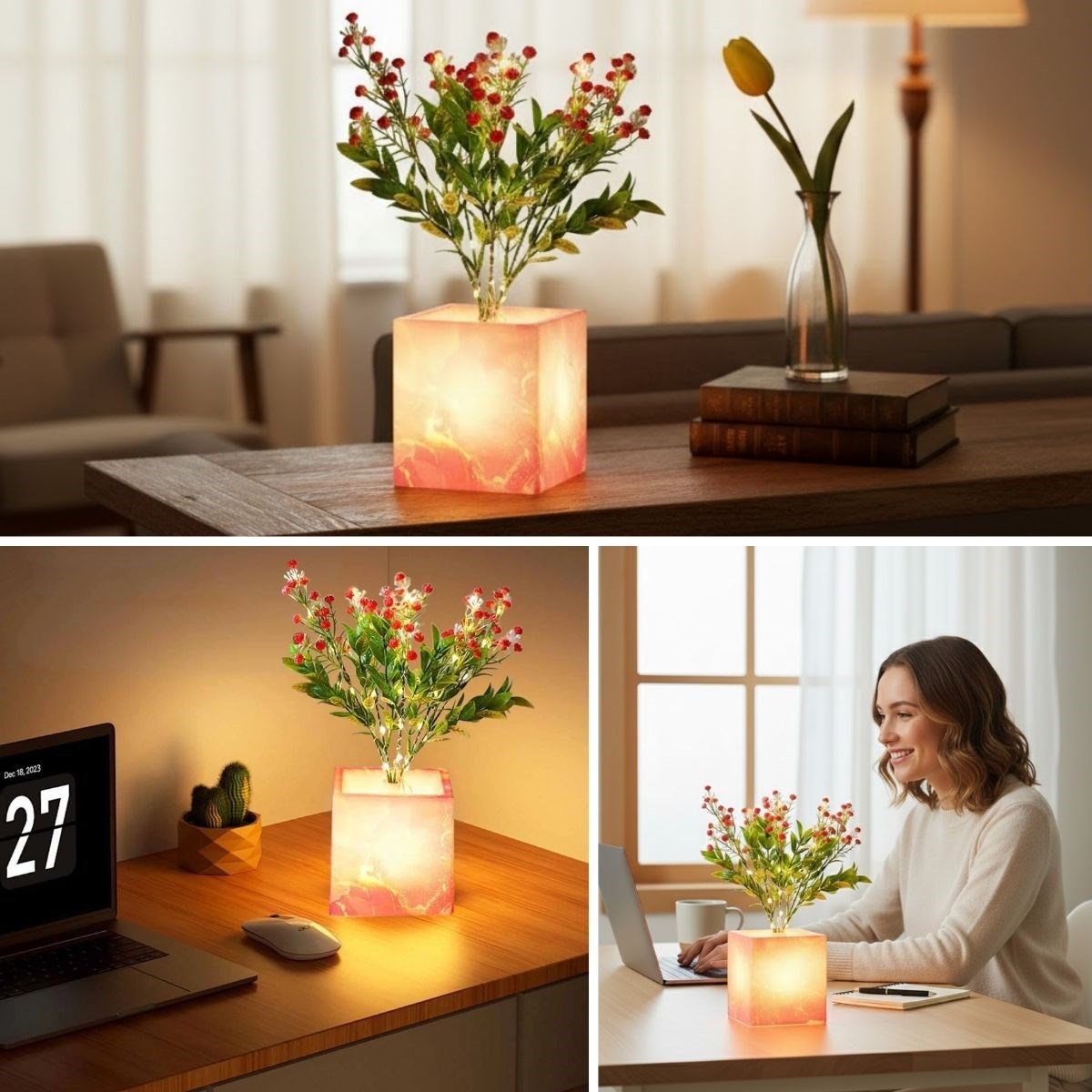 Işıklı Yapay Çiçek – Pembe Saksılı LED Dekoratif Bitki, Masaüstü ve Ev Ofis Aydınlatmalı Süs Bitkisi (5563) #2