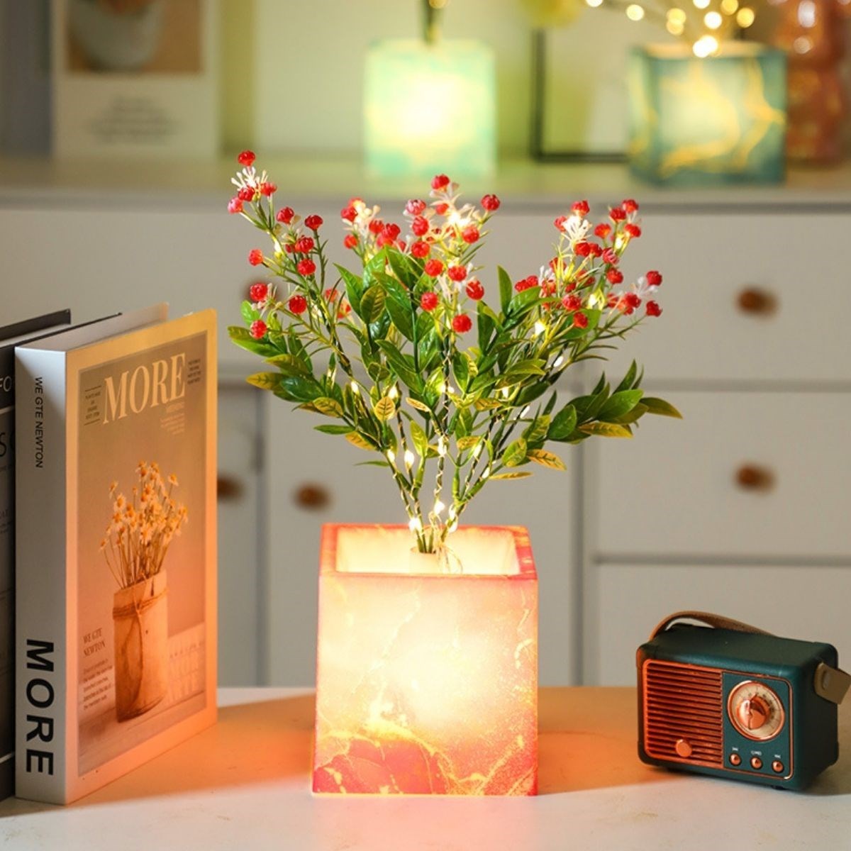 Işıklı Yapay Çiçek – Pembe Saksılı LED Dekoratif Bitki, Masaüstü ve Ev Ofis Aydınlatmalı Süs Bitkisi (5563) #4