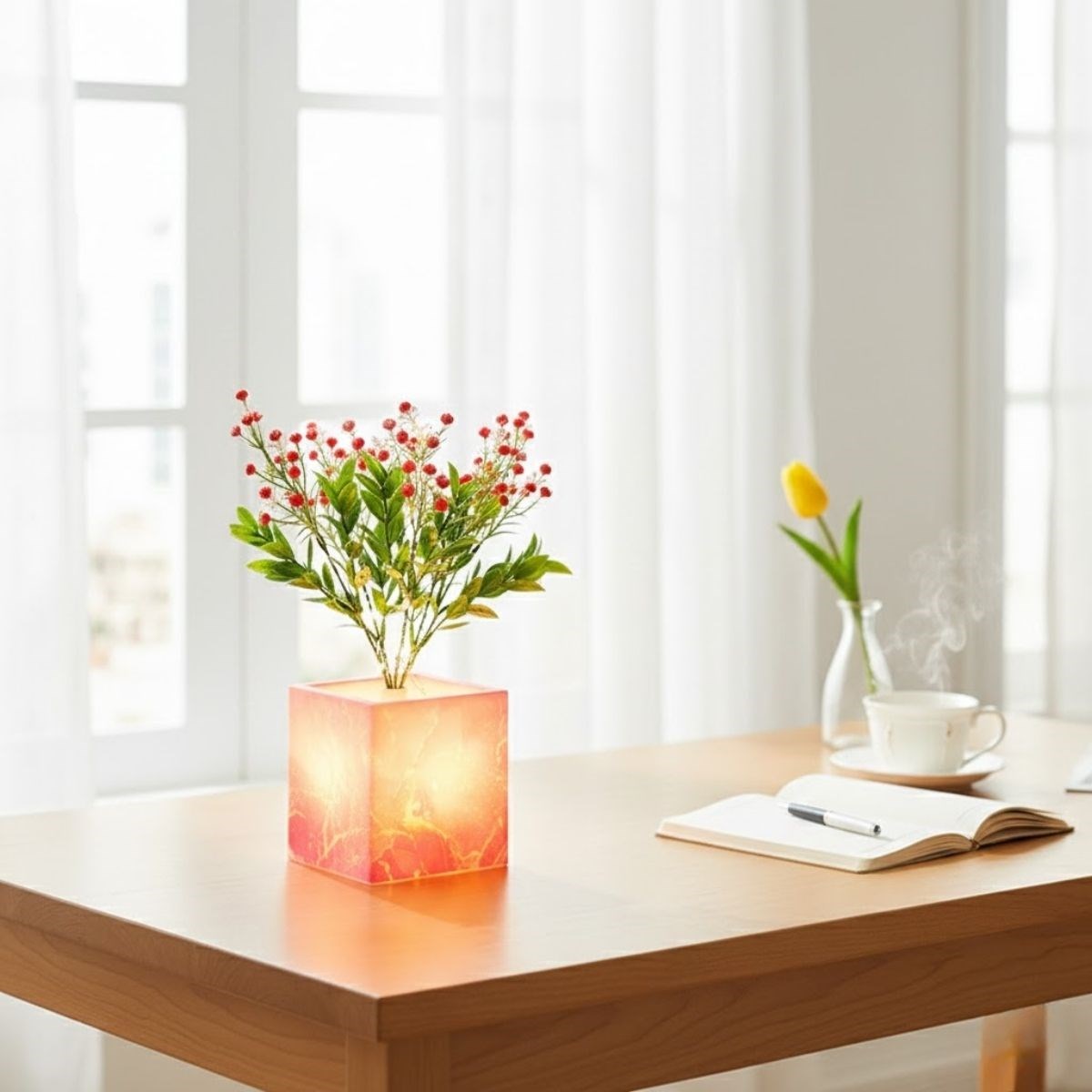 Işıklı Yapay Çiçek – Pembe Saksılı LED Dekoratif Bitki, Masaüstü ve Ev Ofis Aydınlatmalı Süs Bitkisi (5563) #5