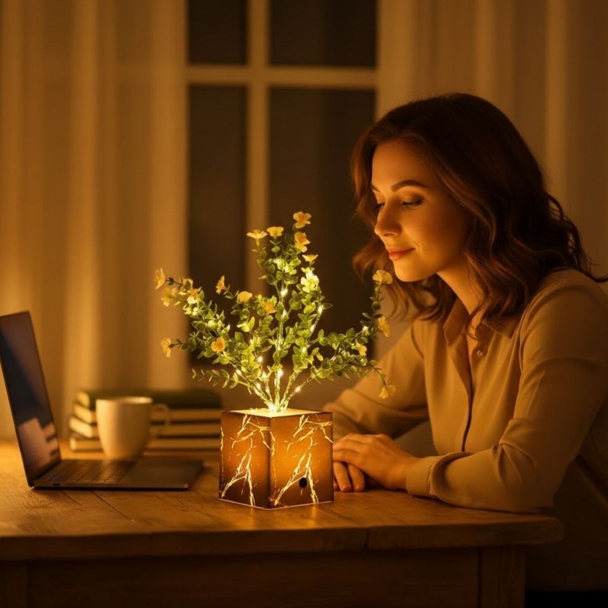Işıklı Yapay Çiçek – Siyah Saksılı LED Dekoratif Bitki, Masaüstü ve Ev Ofis Aydınlatmalı Süs Bitkisi (5563) #2