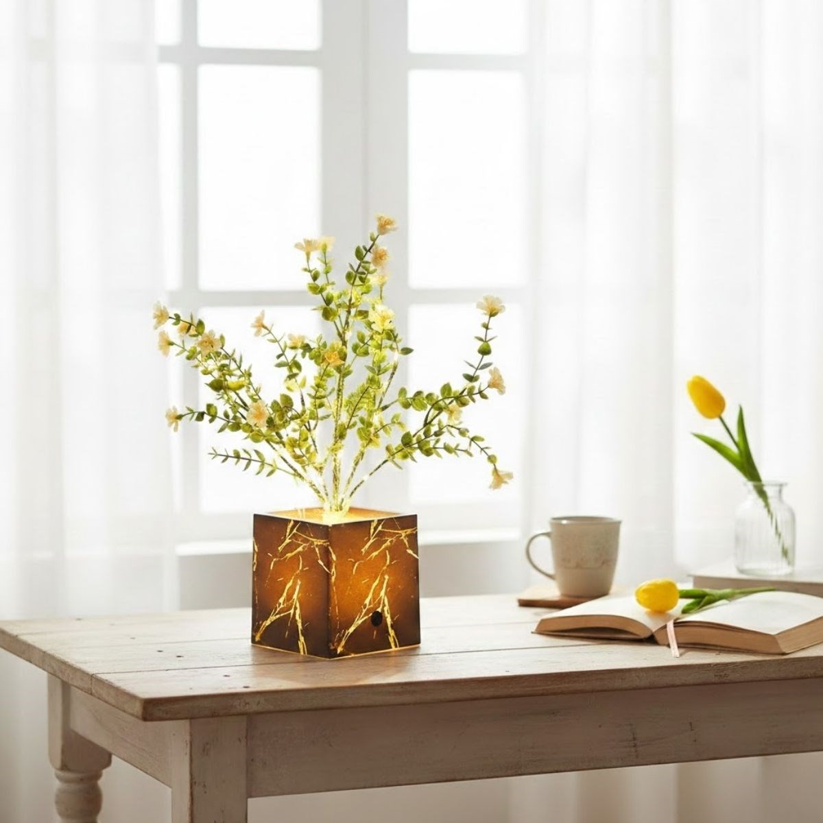 Işıklı Yapay Çiçek – Siyah Saksılı LED Dekoratif Bitki, Masaüstü ve Ev Ofis Aydınlatmalı Süs Bitkisi (5563) #3