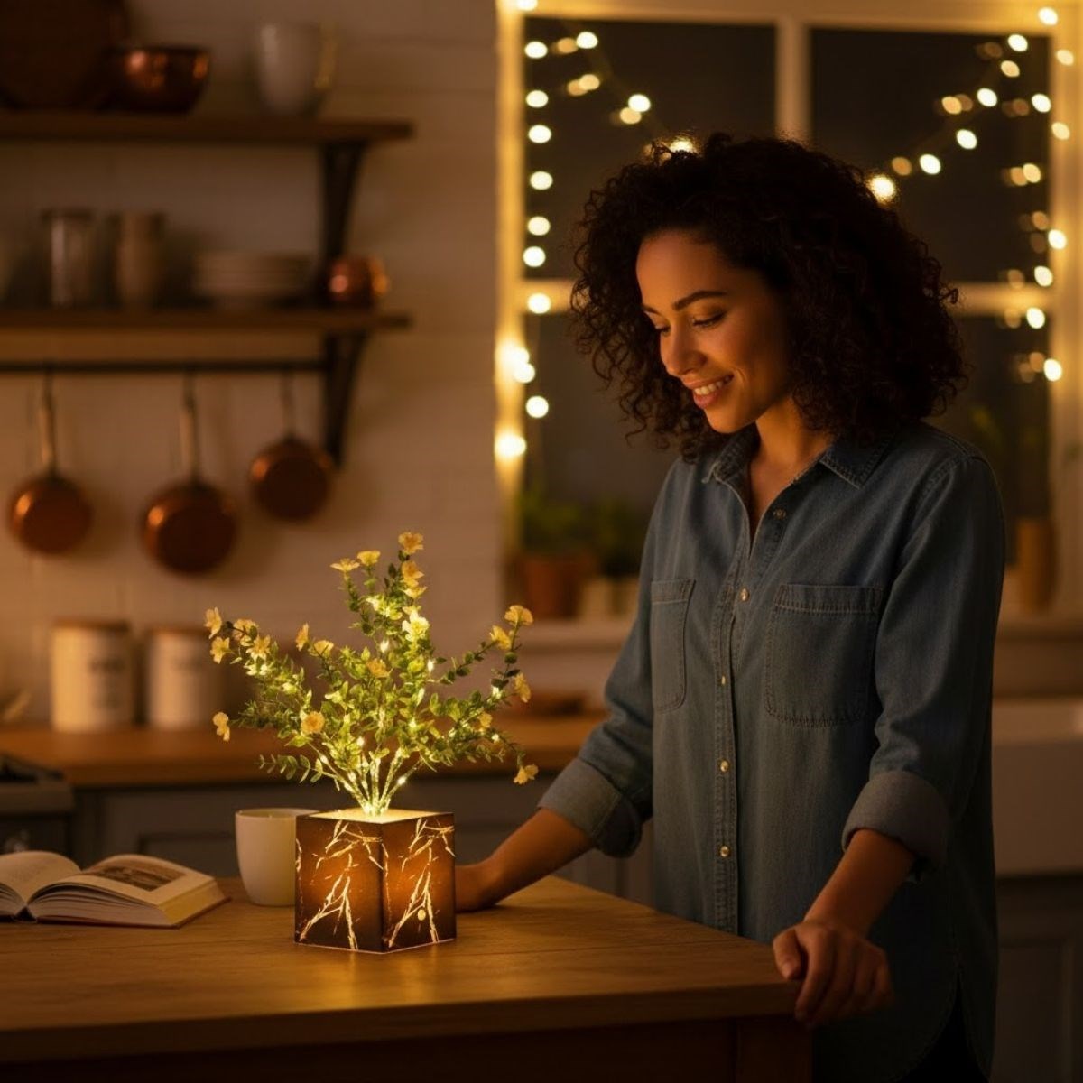 Işıklı Yapay Çiçek – Siyah Saksılı LED Dekoratif Bitki, Masaüstü ve Ev Ofis Aydınlatmalı Süs Bitkisi (5563) #4