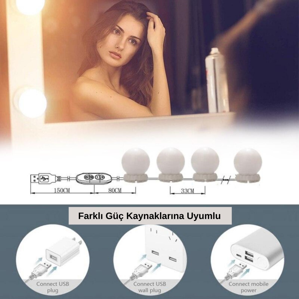 Nostalgie Hollywood-Stil 10er Make-up Spiegeltisch Weiße LED-Leuchte USB (5563) #5
