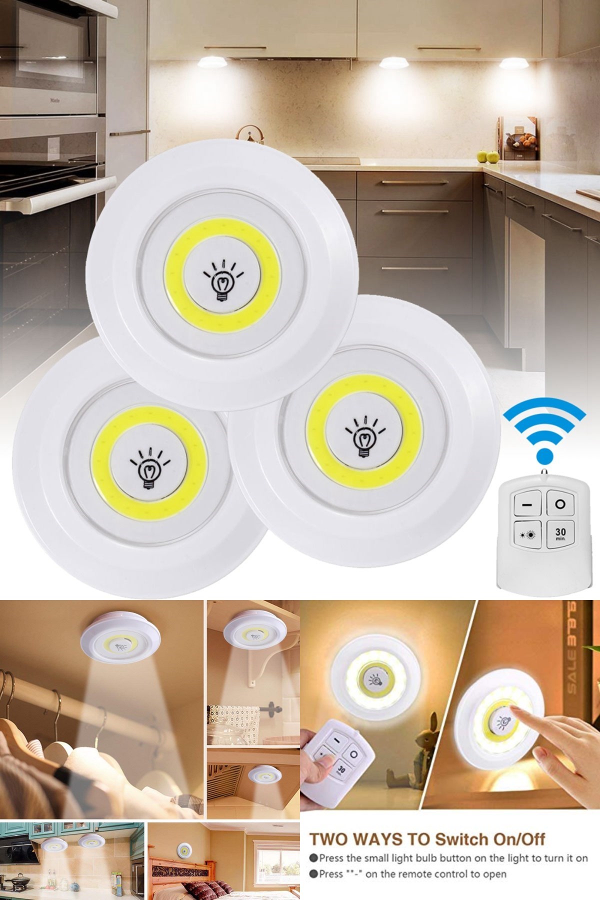 3er-Set Fernbedienungs-LED-Spotleuchten mit Batterie und Klebeband (5563) #3