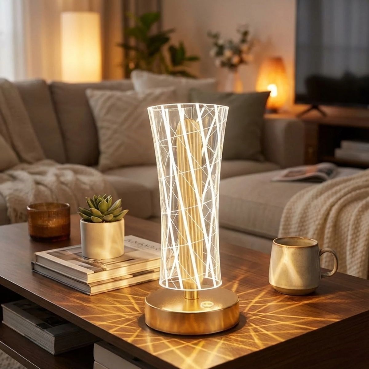Cylindrical Crystal Line LED Table Lamp – Gold Base, Touch C