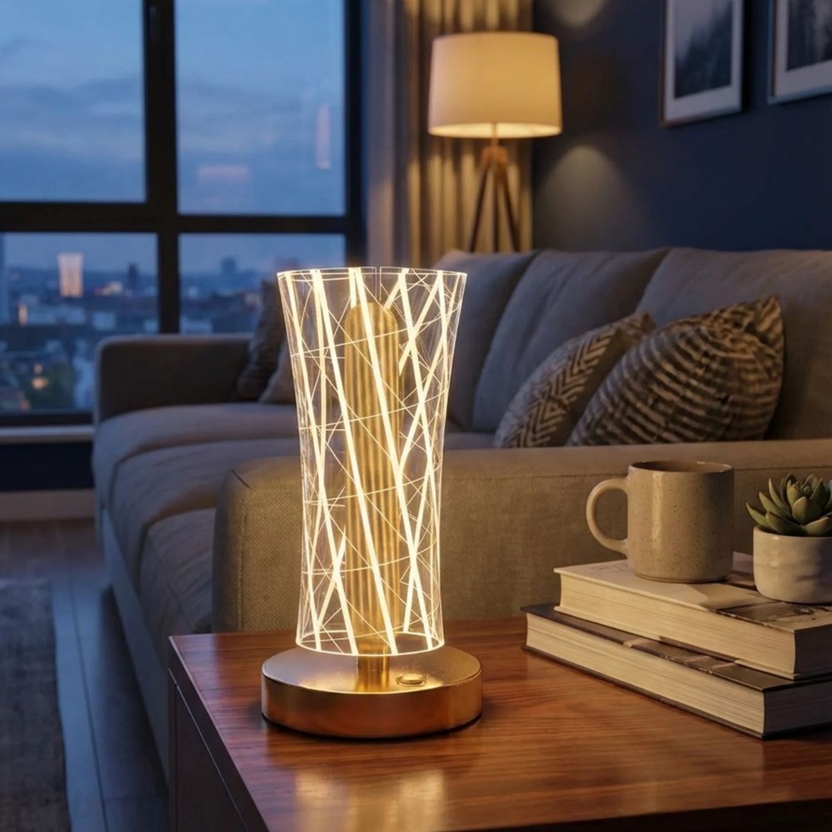 Cylindrical Crystal Line LED Table Lamp – Gold Base, Touch Control, 3-Color Light Modes #4