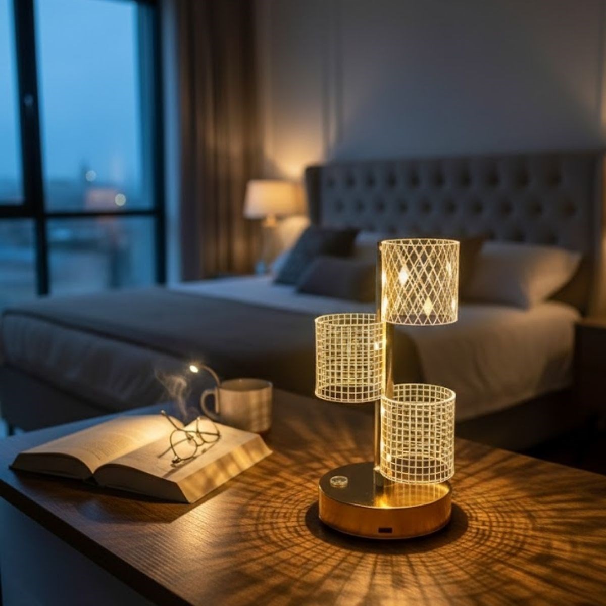 3-Piece Cylindrical Crystal Plaid LED Table Lamp – Gold Body