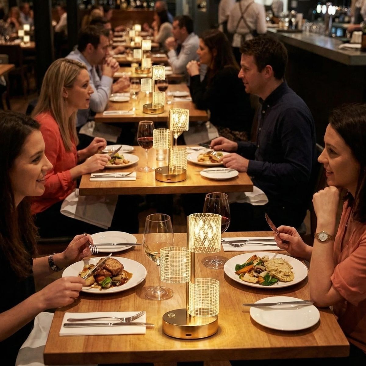 3 Parça Silindirik Kristal Ekose Kareli LED Masa Lambası – Gold Gövdeli, Dokunmatik, 3 Kademe Işık Ayarlı Şarjlı Dekoratif Lamba (5563) #2