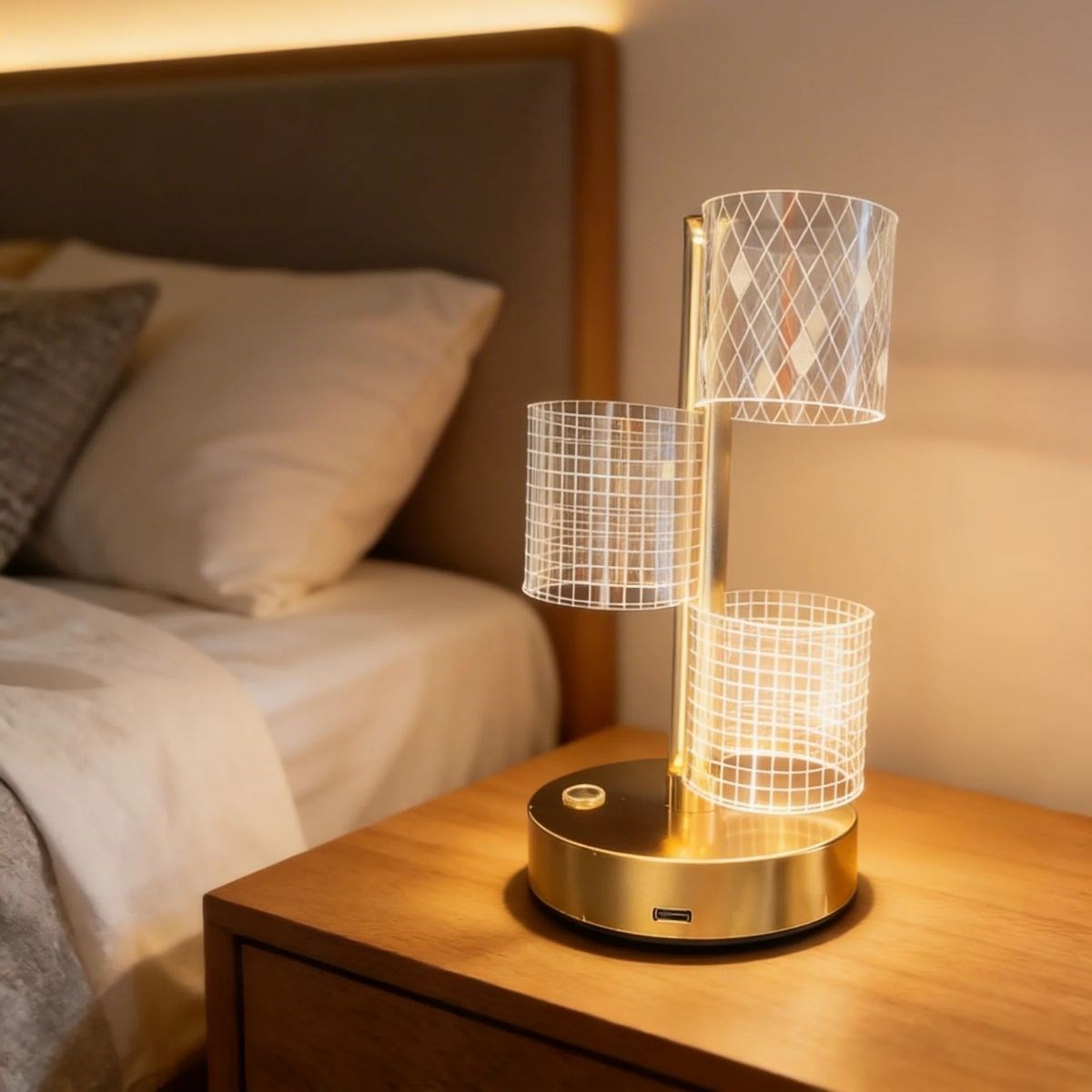 3 Parça Silindirik Kristal Ekose Kareli LED Masa Lambası – Gold Gövdeli, Dokunmatik, 3 Kademe Işık Ayarlı Şarjlı Dekoratif Lamba (5563) #3