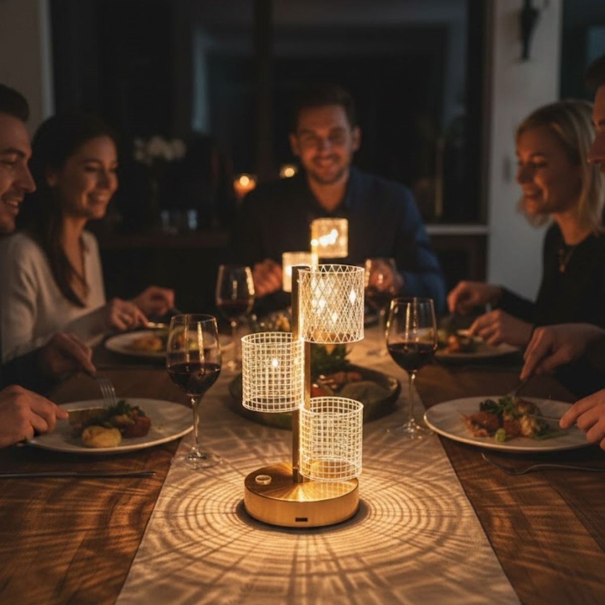 3 Parça Silindirik Kristal Ekose Kareli LED Masa Lambası – Gold Gövdeli, Dokunmatik, 3 Kademe Işık Ayarlı Şarjlı Dekoratif Lamba (5563) #4