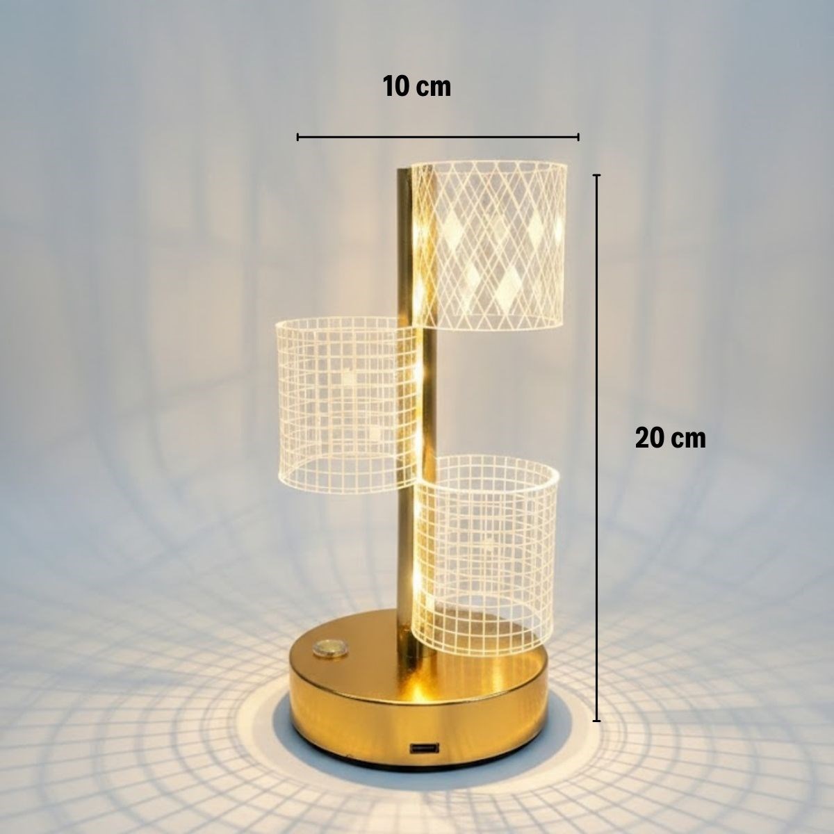 3 Parça Silindirik Kristal Ekose Kareli LED Masa Lambası – Gold Gövdeli, Dokunmatik, 3 Kademe Işık Ayarlı Şarjlı Dekoratif Lamba (5563) #5