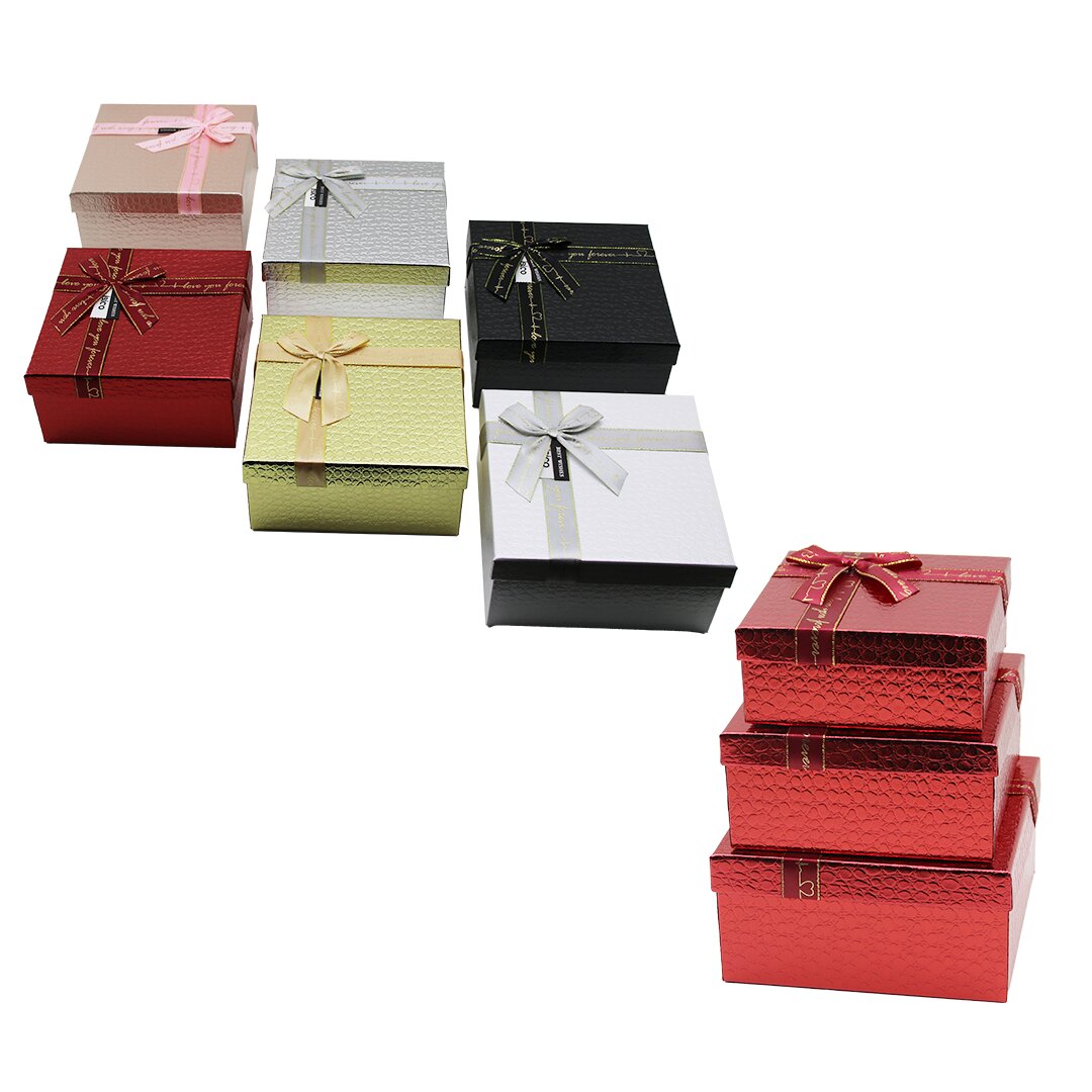 3PCS Square Glossy Mix Color Embossed Cardboard Gift Box wit