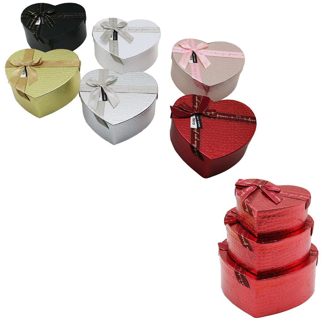 3PCS Heart Glossy Mixed Color Embossed Cardboard Gift Box wi