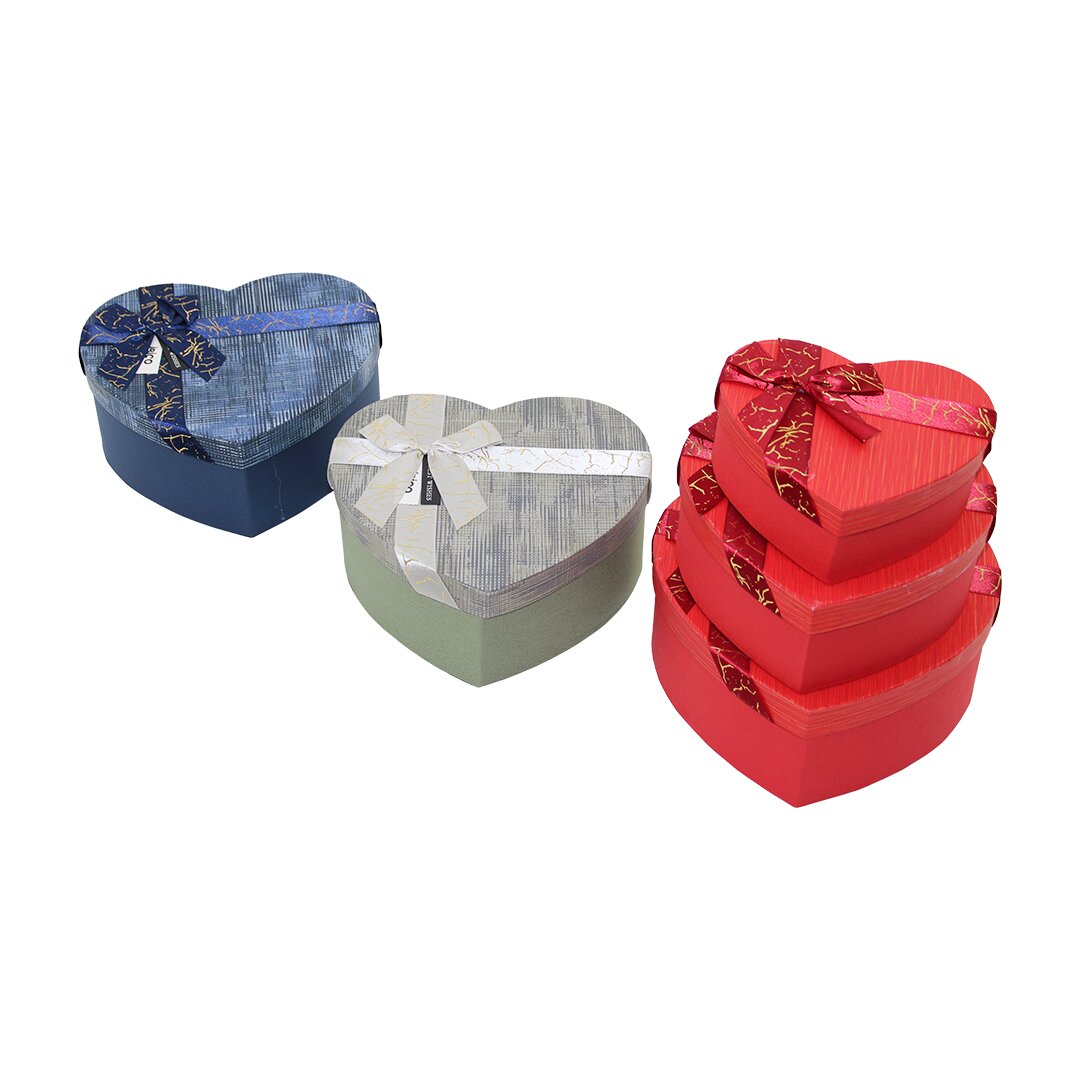 3PCS Heart-Lined Mixed Color Embossed Cardboard Gift Box wit