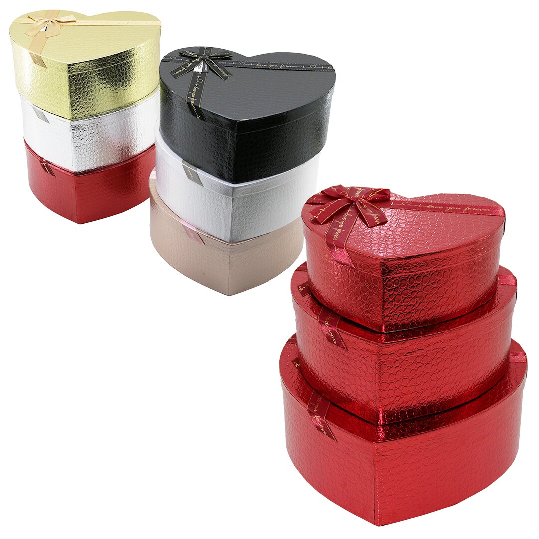 3PCS Heart Shiny Mixed Color Embossed Cardboard Gift Box wit