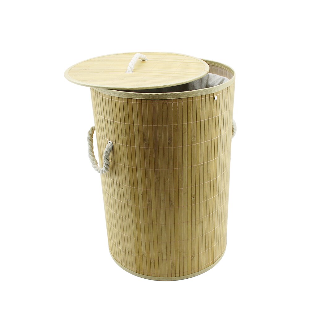 Round Bamboo Wood Laundry Basket 35x60cm Removable Lid Rope