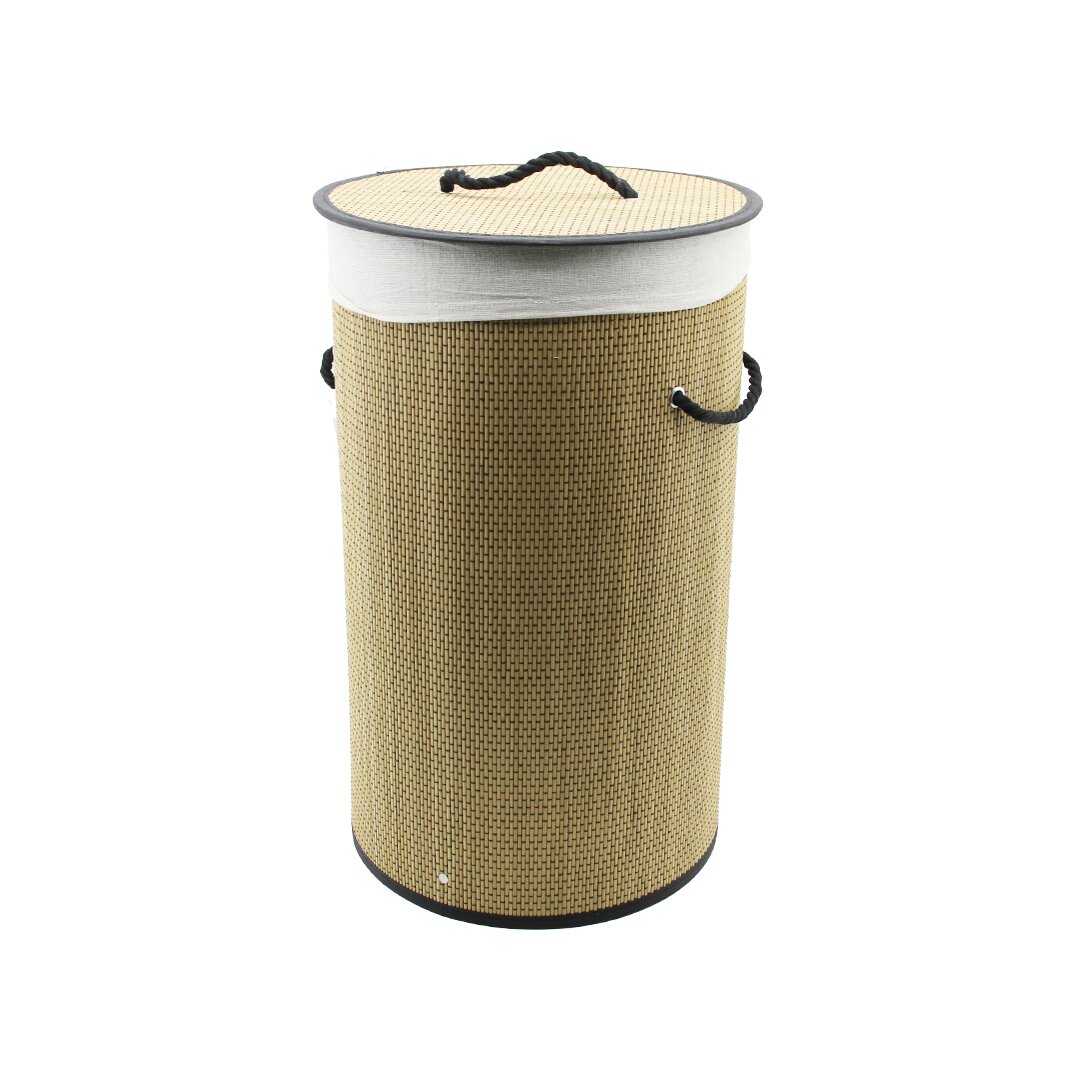 Round Rattan Wood Laundry Basket 37x60cm Removable Lid Lined